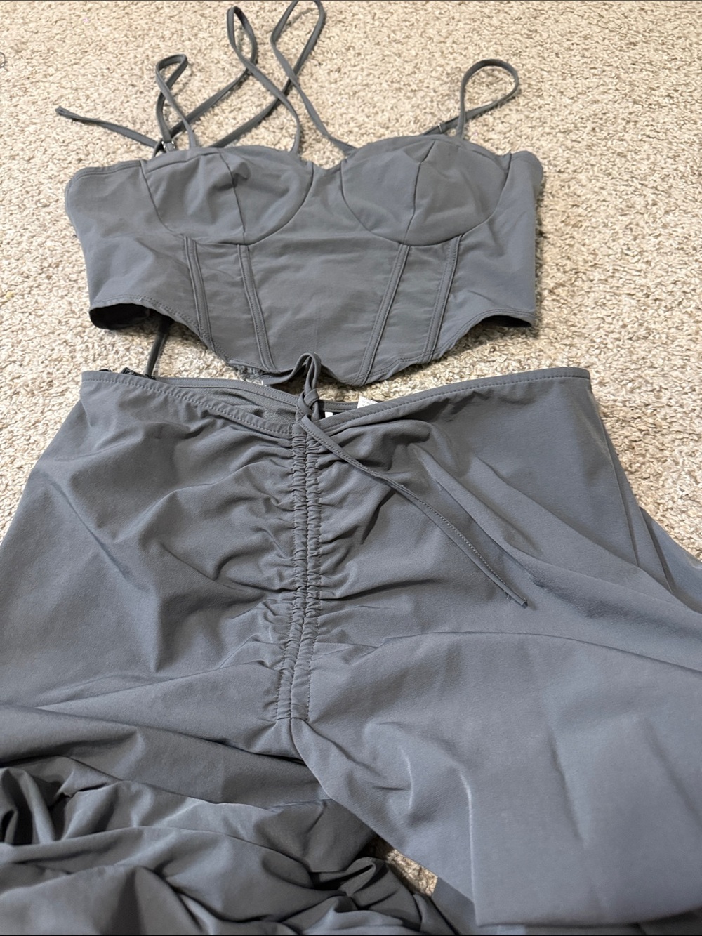 Two-Piece Gray Ruched Set - Bustier Top & pants